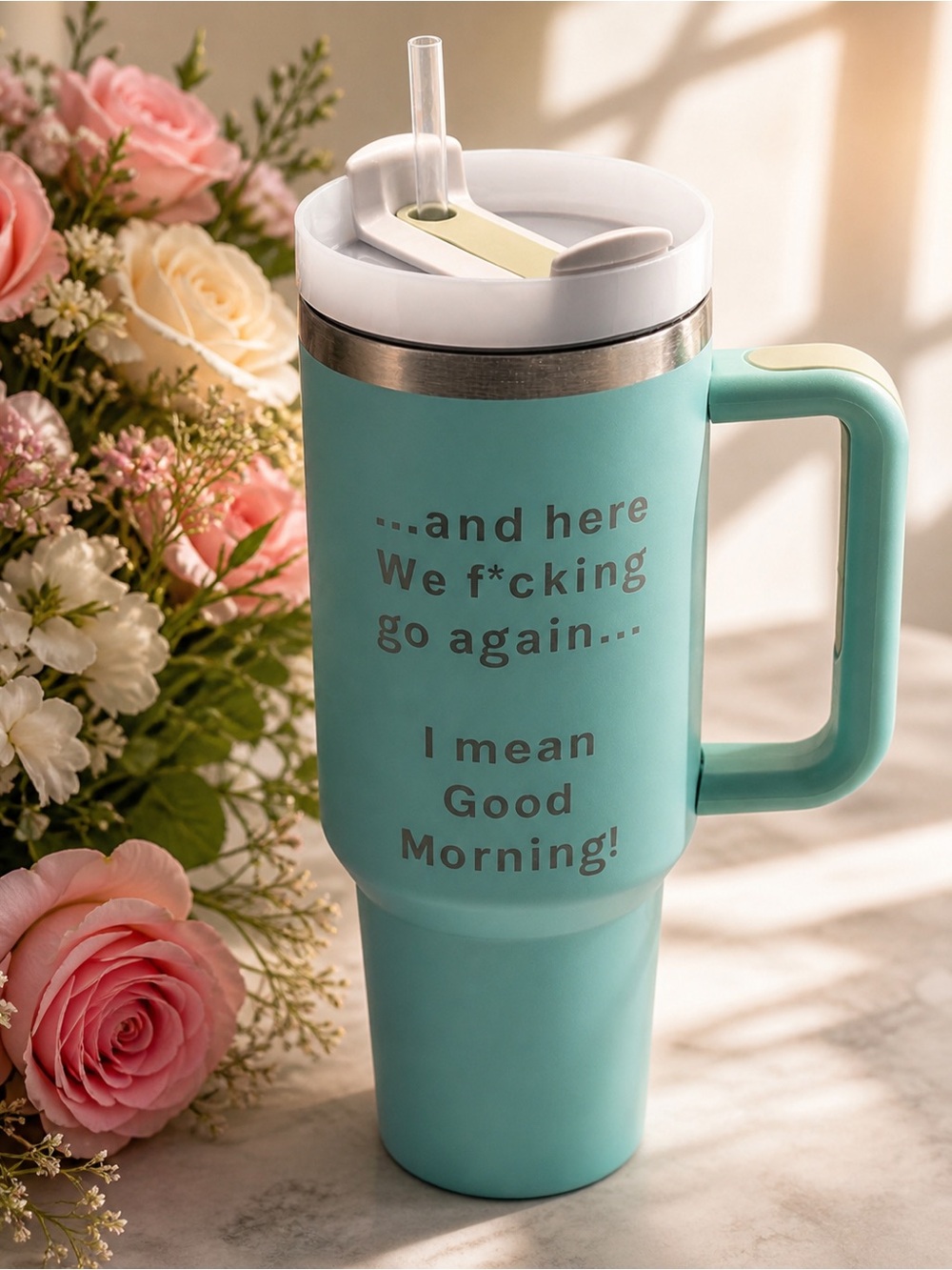 Aqua Stainless Travel Mug with Handle and Straw - Inspirational Morning Quote